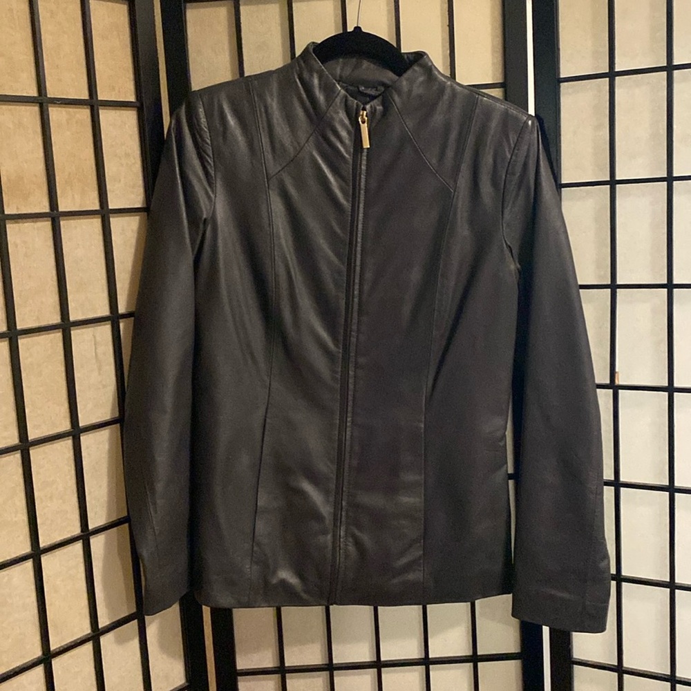 Neiman Marcus grey leather gold zipper jacket small